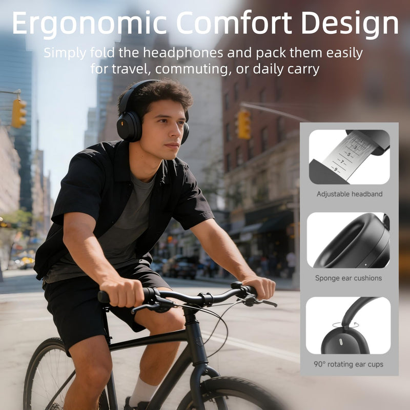 UPGRADE Noise Cancelling Headphones Wireless Bluetooth Over-Ear Headphones Booming Bass Memory Foam Ear Cups for Commuting Office Travel Home Phone PC - Comfortable and Foldable Design- Black