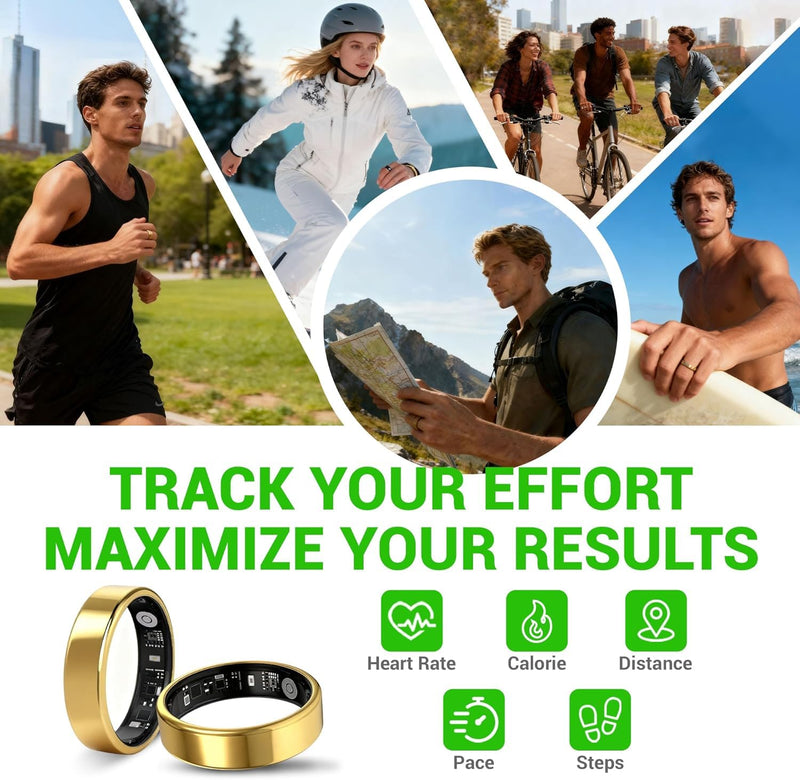 Smart Ring - Free Heart Rate SpO2 Sleep Tracker | No Subscription | IP68 Waterproof Fitness Tracker | 24/7 Activity Monitor | Step Counter & Stress Tracking | Sleep & Workout (Gold, 8) Gold
