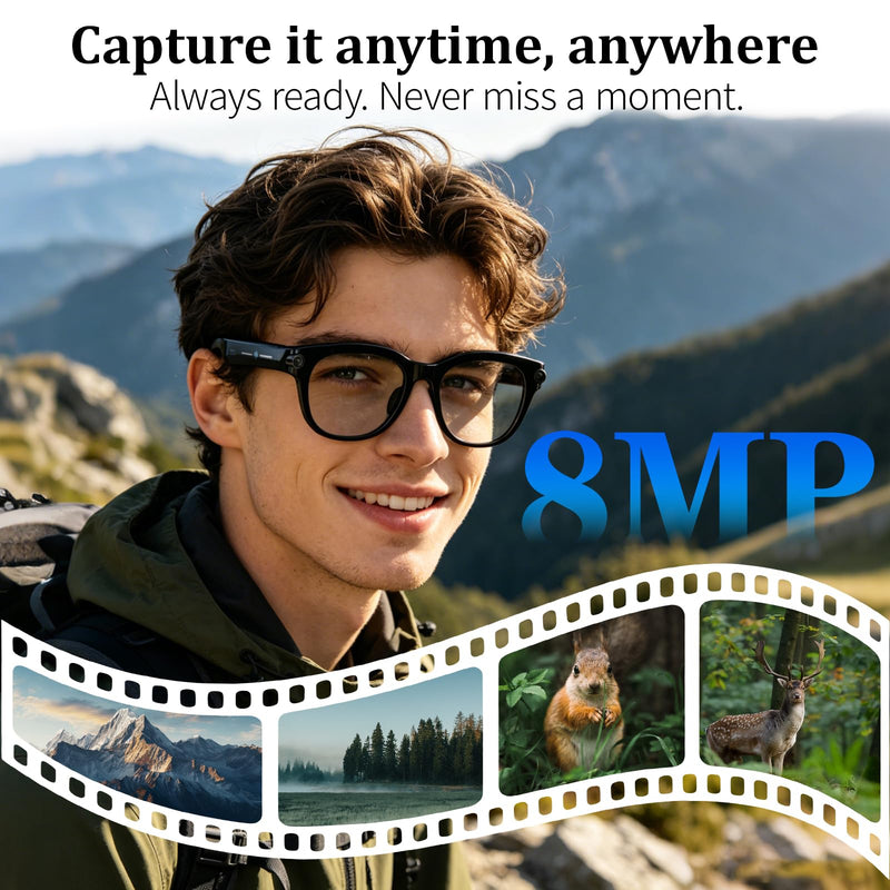 Smart Camera Glasses – 8MP Video Recording Sunglasses with 3 Interchangeable Lenses, HD Photos & Videos, AI Translation, Object Recognition, Lightweight Wearable Tech for Vlogging & Travel