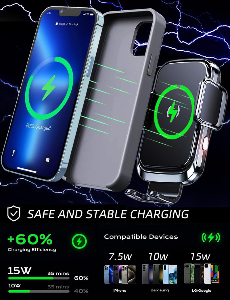 Wireless Car Charger Phone Mount Holder for Truck, 15W Fast Charging | 10-Inch Long Arm, Auto Clamping Phone Holders, Trucks and Large SUVs for Dash Windshield Mount, for iPhone 17 16 15 Samsung truck-charger