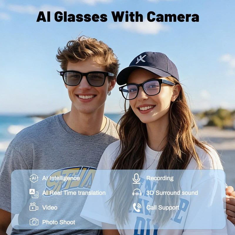 AI Smart Glasses, 8MP Camera Glasses and Audio, AI Translation Sunglasses for Men & Women, Bluetooth Glasses with Voice/Calling, 8 Hours of Music, Photochromic Lenses Photochromic:Transparent to Gray