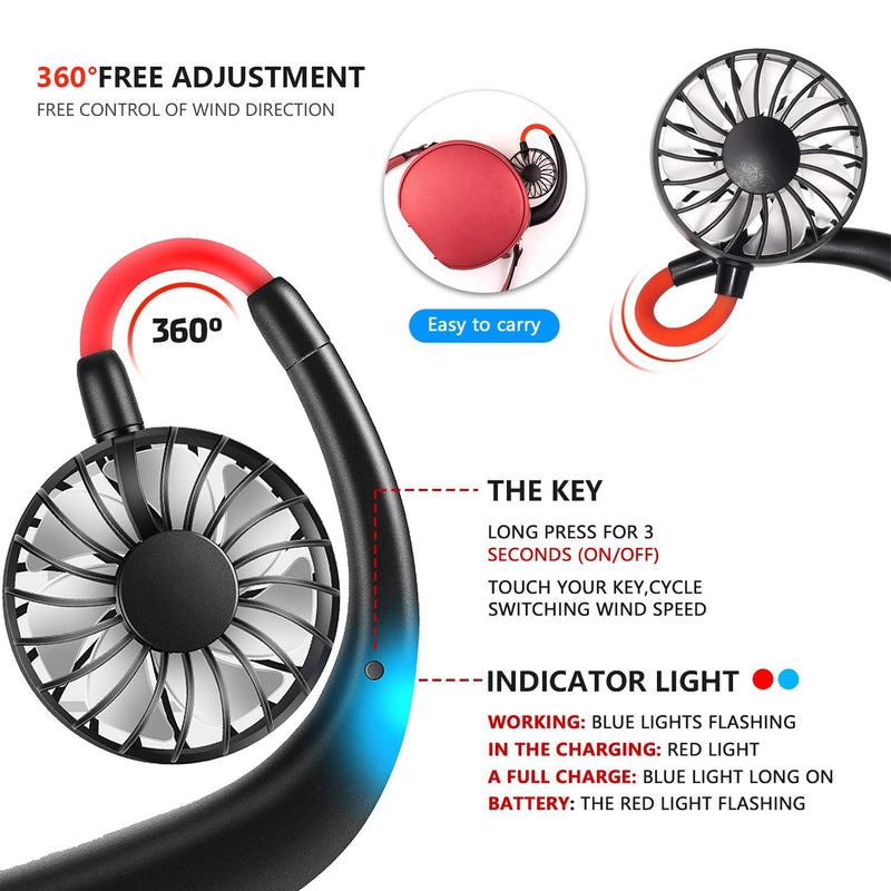 Neck Fan Portable Personal Hand Free Mini Lazy person USB Neck Fan 360 Degree Rotation Cooling Handheld Wearable Suitable Fan for Office Household Travel Room Outdoor Sports (Black) Black