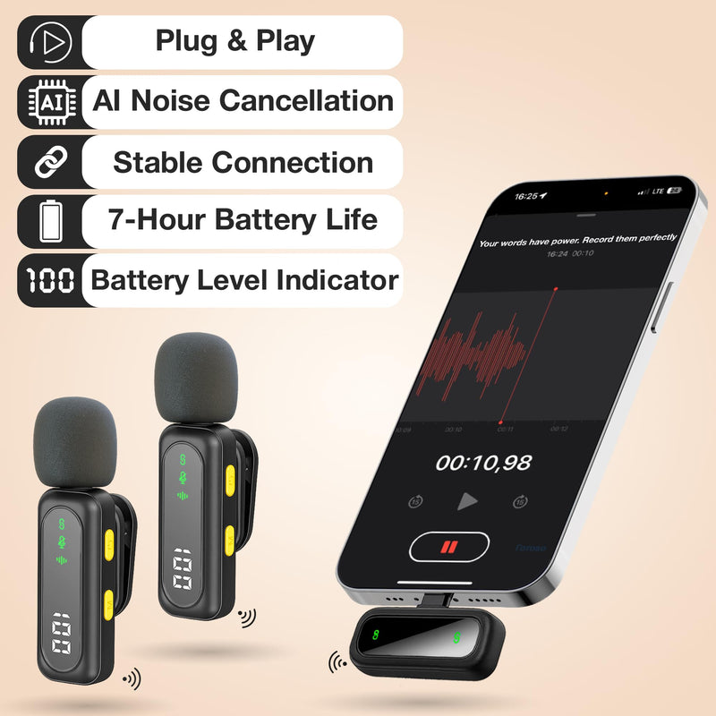 Wireless Lavalier Microphone for iPhone Mini Mic Android/Tablet/PC Video Recording Clip-on Mics with Rotatable Clip&Denoise Recording, Ideal for Vlog Tiktok Youtube Podcast Content Creator Wireless USB C
