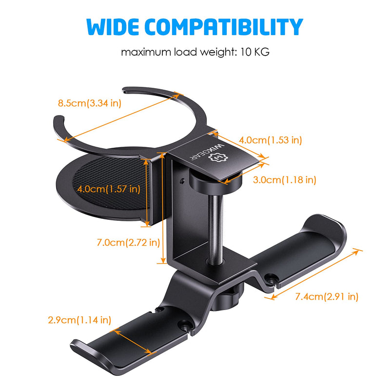WixGear Headphone Stand, 2 in 1 PC Gaming Headset Stand Cup Holder, with Cable Organizer, 360° Adjustable & Rotating Arm Clamp Headphone Holder, Suitable for All Headphones and Drinks
