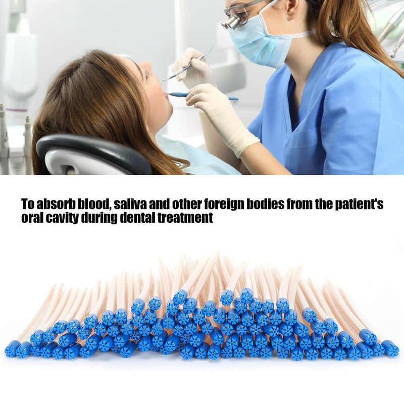 Pack of 100 Disposable Saliva Straws, Oral Care Sticks, Latex-Free Suction Tips, Flexible Transparent Tube with Blue Tips, Oral Care Accessories