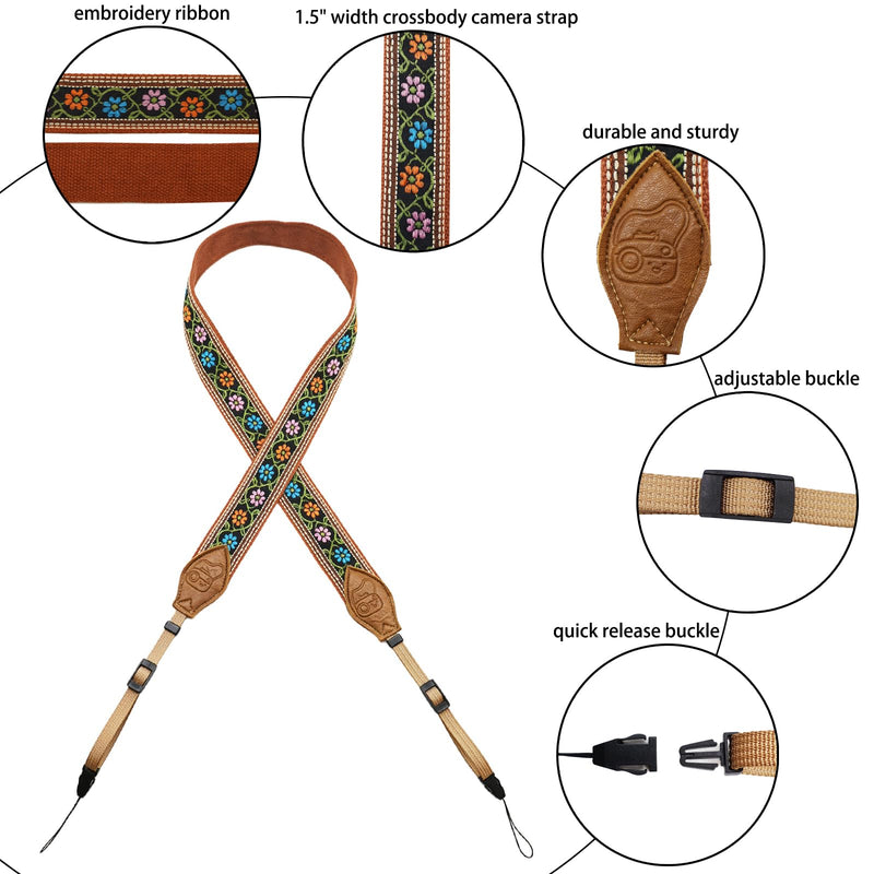 Camera Straps for Photographers, 1.5" Leather Camera Neck Strap, Quick Release Shoulder Camera Strap for All Cameras Khaki Embroidery Camera Strap-02