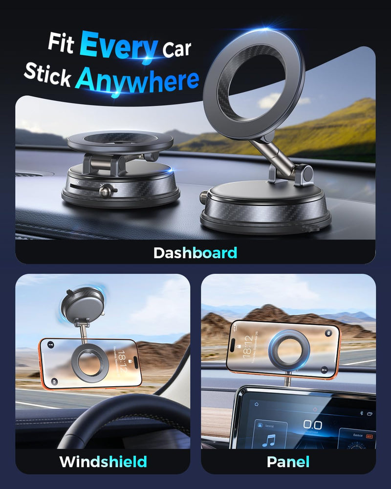 Magnetic Car Phone Holder, Magsafe Car Mount, Phone Holders for Your Car | 2026 Vacuum Design, 85LBS Strongest Suction & 2600gf Magnetic, 360° Adjustable Foldable, For iPhone 17 16 15-Grey Grey