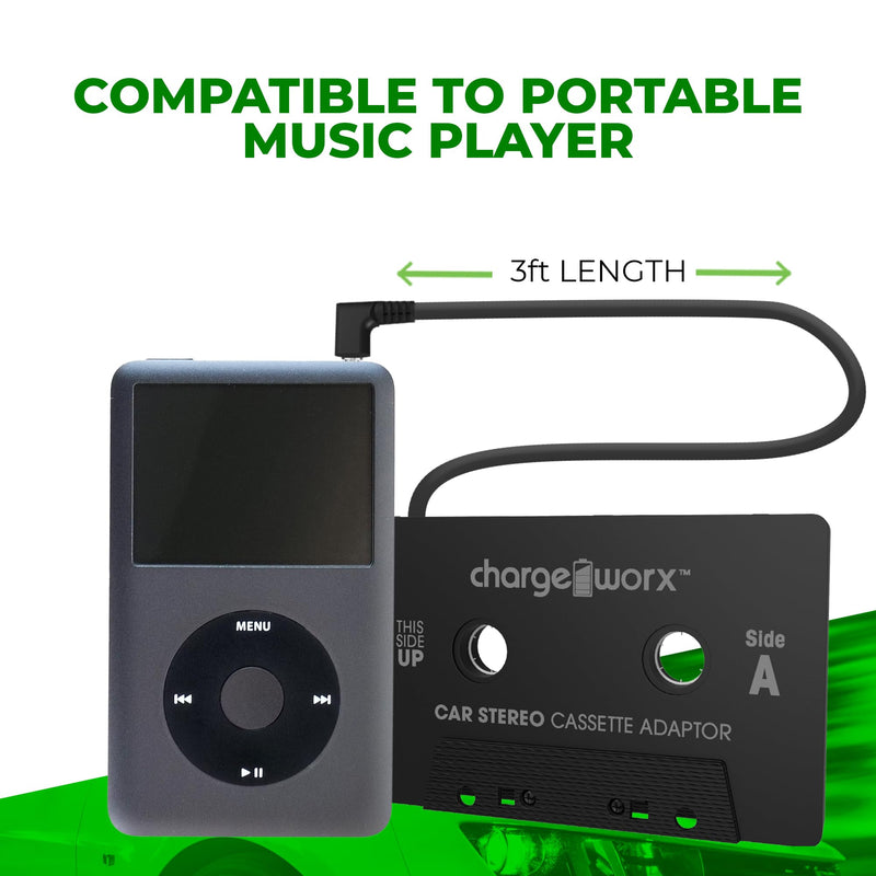 Chargeworx Car Cassette Adapter to 3.5mm Aux Plug|Connects Aux-Cord Compatible Smartphones, iPads, Laptops, CD Players to Tape Players|Stream Music, Audiobooks through Car Speakers Using Cassette Deck