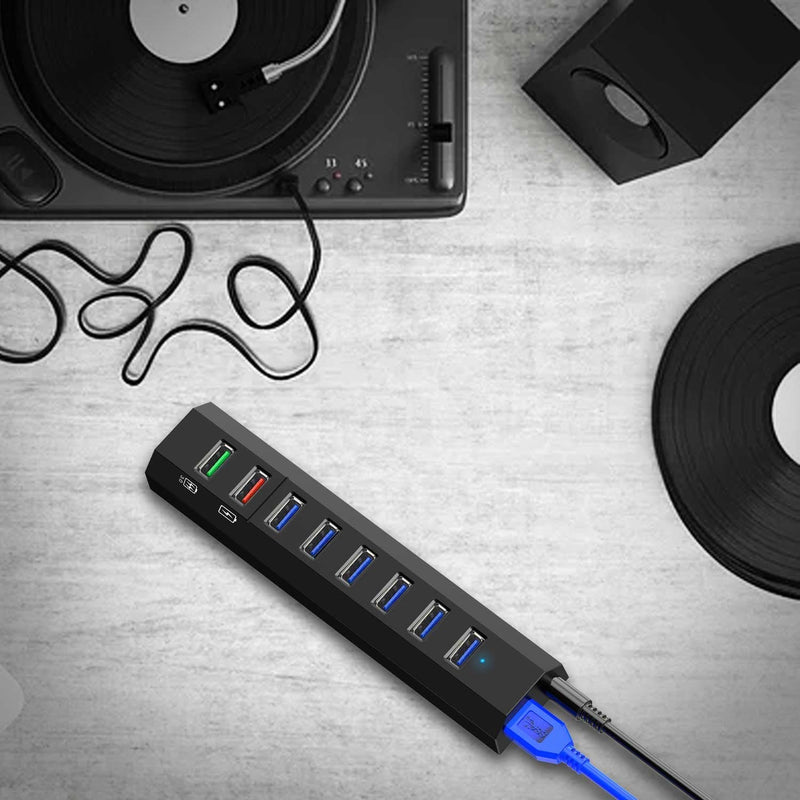 8-Port USB Hub, RAOYI USB Hub 3.0 Powered, 6 Port USB 3.0 Data Hub with 12V Power Adapter, 3.3ft USB Cable for MacBook, Mouse, Laptop, PC, USB Flash Drives, HDD Hard Drive (Black) Black