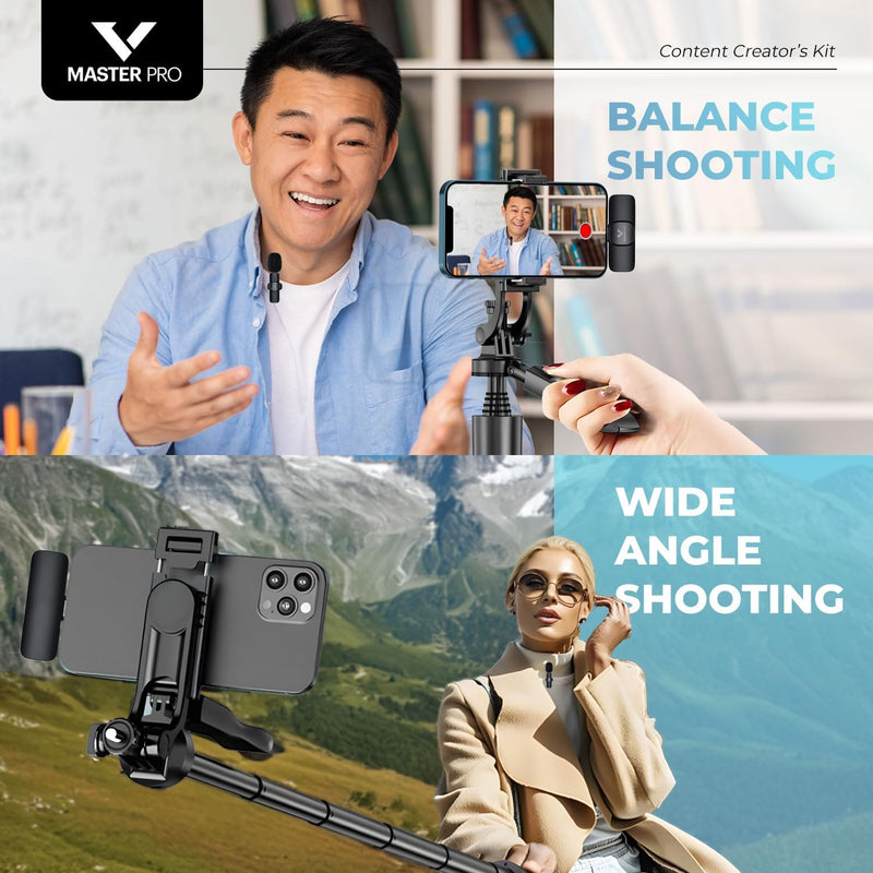 Vlogging Kit for iPhones, Tripod for Phones, Selfie Stick, YouTube TikTok Video Vlogging Stabilizer, Signal-to-Noise Rate ≥64dB, 65-100mm Phone Size, High Capacity Battery with Bluetooth Mic