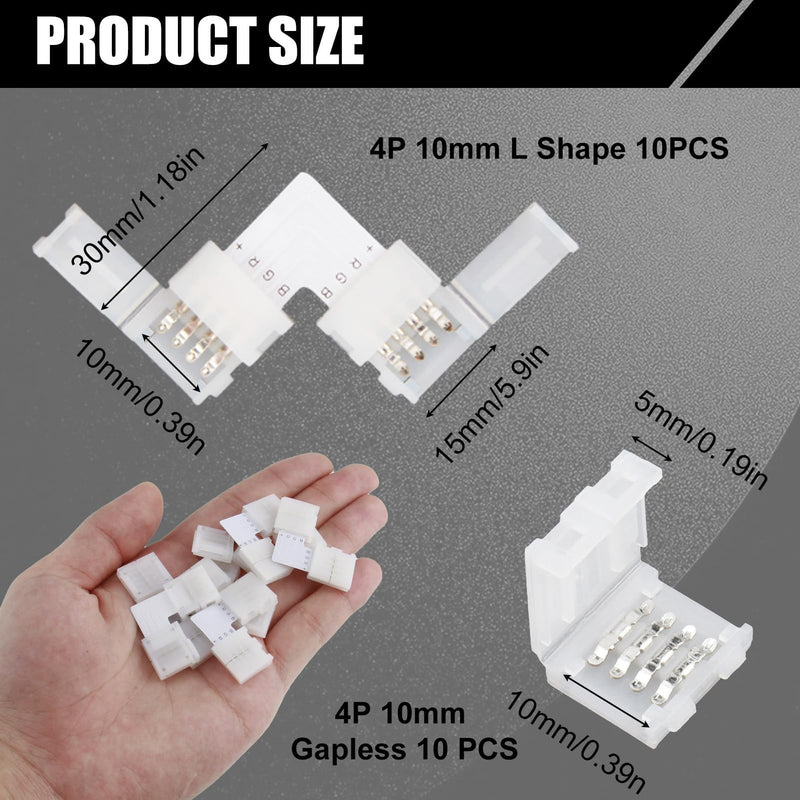 Pack of 20 4-Pin 10 mm LED Connector for SMD 5050 RGB LED Strips, 10 Pieces L-shaped Corner Connector and 10 Pieces LED Strips, Quick Connector, 4-Pin 10 mm RGB Strip Connector Solderless