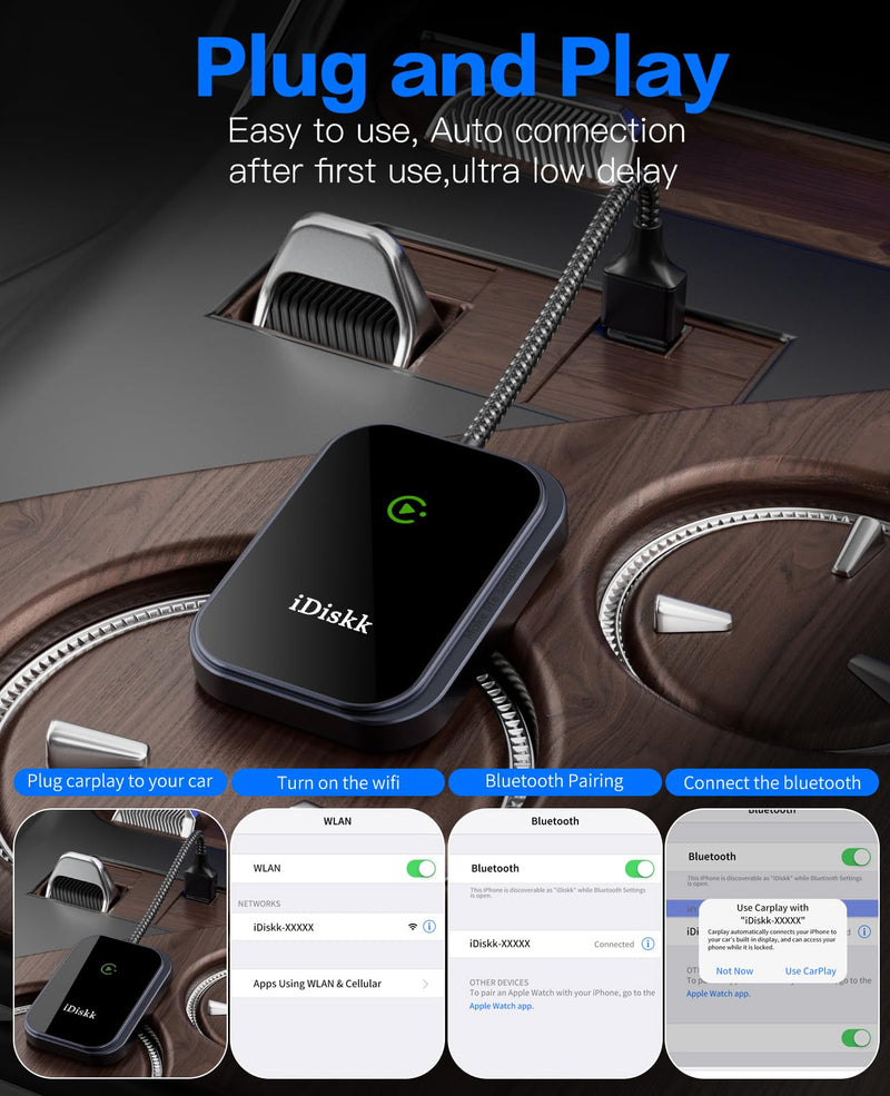 iDiskk Wireless CarPlay Adapter for iPhone No Latency with USB C Adapter | Plug-and-Play Easy Installation,Wide Compatibility for iPhone iOS 10+, Support Voice Control & Navigation