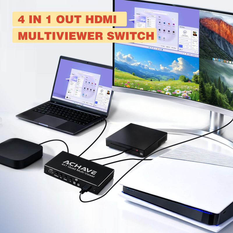 ACHAVE 4x1 HDMI Multiviewer Switch 2x1 3x1, 4K@30Hz 1080P@60Hz Quad Screen Splitter with 10 Display Modes, Seamless Switching, IR Remote Control, Compatible with Laptop, Xbox, TV Box