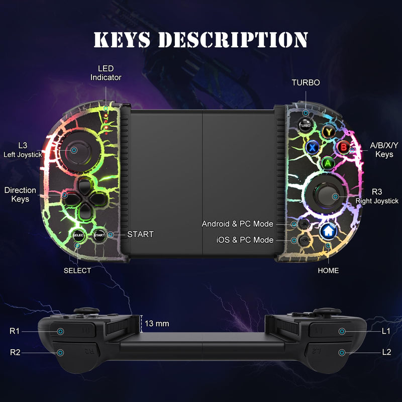 RGB Cracked Gaming Controller for iPhone Android PC iOS Wireless Gamepad Joystick for iPhone 15/14/13/12/X, iPad, Galaxy S23/S22/S21, TCL, LG, Tablet, Turbo, 18 Color LED, Call of duty, Direct Play RGB cracked