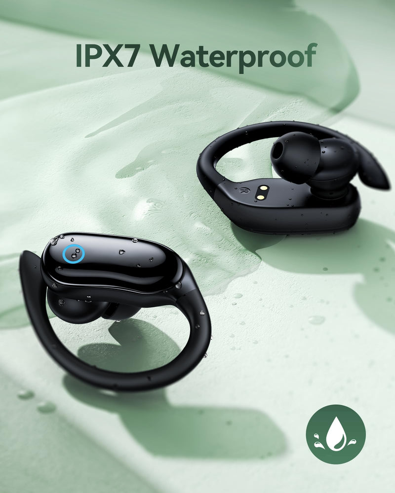 GNMN Active Noise Cancelling Ear Buds Wireless Earbuds 96hrs Playback Bluetooth Headphones Dual Battery Display Stereo Bass Earphones with Earhooks Microphone IPX7 Waterproof for Sports/Runing/Workout Black