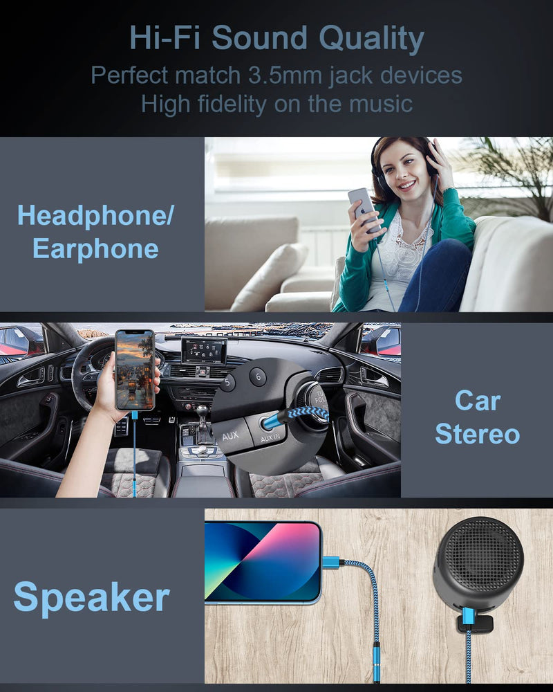 2-Pack Lightning to 3.5mm Aux Adapter, Headphone Adapter for Aux Cord [Apple MFI Certified] 3.5mm Jack Aux Audio Adapter Dongle for iPhone 14 13 12 11 Pro Max Plus Mini XR XS 8 iPad iPod 2*Blue, Purple
