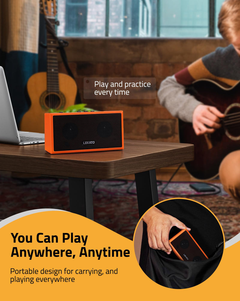 LEKATO Mini Guitar Amplifier with Clean Overdrive Effects 5W Rchargeable Electric Guitar Amp Small Bass Amplifier Bluetooth Bass Amplifier for Daily Practice,Orange Orange