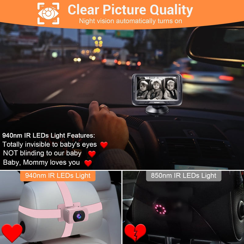 [AUSTRALIA] - Rohent Car Baby Monitor for Baby Girls - 1080P HD, 360° Adjustable, Night Vision, 150° Wide-Angle Lens, Easy Installation, Perfect for Girls Aged 0-5, Ideal for Parents, Grandparents & Families Pink 