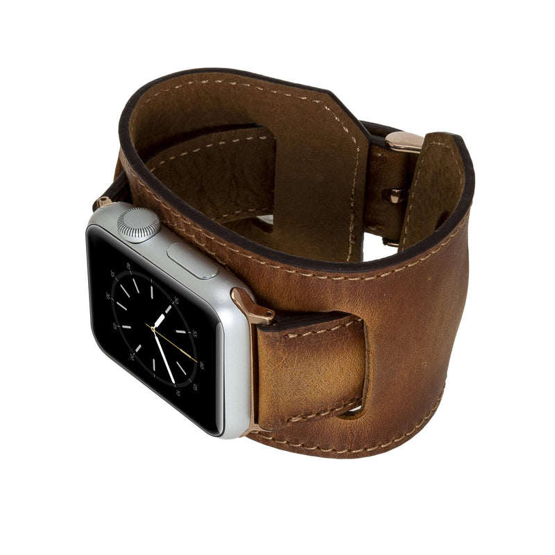 Venito Ancona Cuff Handmade Premium Leather Watch Band for Apple Watch iwatch Series 1,2,3,4,5,6,7,8,9,10,11 and SE 1,2,3 (45/44/42/41/40/38mm), (Antique Brown w/Rose Gold Connector&Clasp)