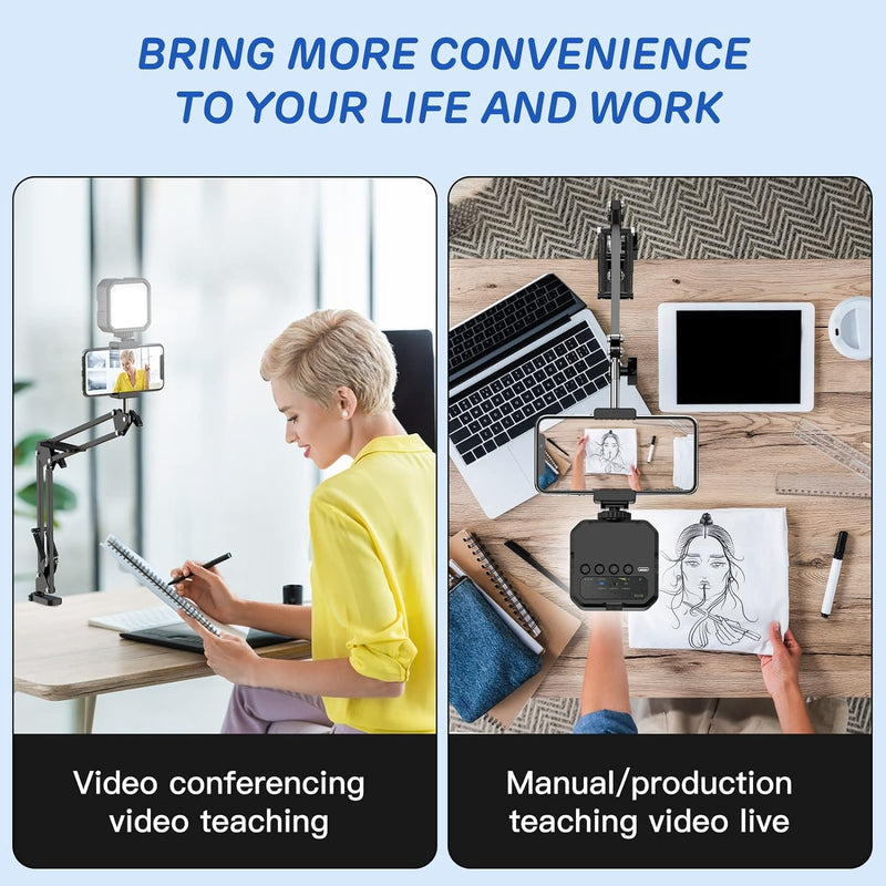 Overhead Phone Mount, Articulating Arm Cell Phone Holder with LED Light, Flexible Phone Stand for Live Streaming,Video Recording,Drawing,Cooking