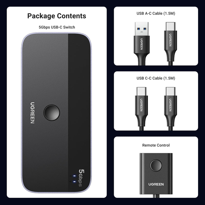 UGREEN USB Switch A & C Input for Computers - Share 4 Ports, Switcher Selector for PC, Laptop, Keyboard, Mouse, Webcam, Microphone - Adapter With 2 USB-C Data Cables and Remote