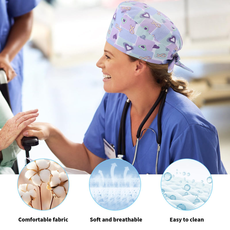 Ziyonix Pack of 4 Surgical Caps, Cotton Exfoliating Hat with Sweatband and Buttons, Surgical Hat, Dust Cap, Adjustable Bandana Cap, Chef's Hat for Men and Women