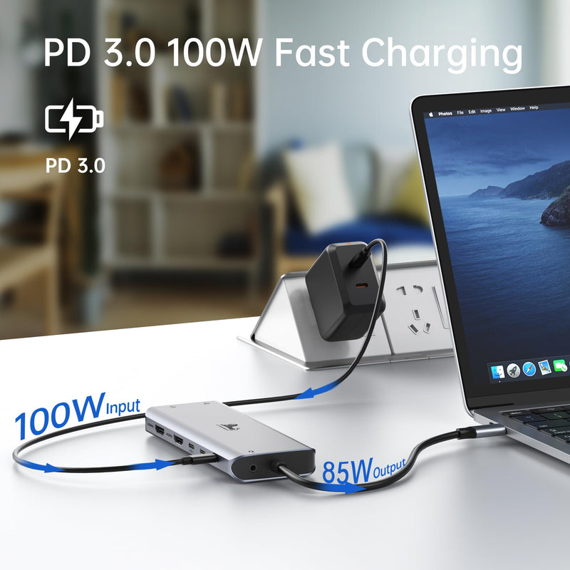 USB C Laptop Docking Station 3 Monitors - 13 in 1 USB C Hub with 2 HDMI+DisplayPort+10Gbps USB A/C, 6 USB, 100W PD, Ethernet, SD/TF, Audio, LIONWEI USB C Dock for MacBook/Dell/HP/Surface 13 IN 1(2 HDMI+DisplayPort)