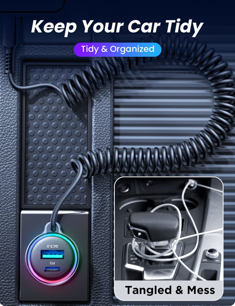 USB C 60W Super Fast Car Charger PD& QC3.0 with 5ft 30W Type C Coiled Cable, Car Phone Charger Adapter for iPhone 15 Pro Max Plus, Samsung Galaxy S23/S22/S21, Google Pixel/Moto/LG/Android, iPad Pro