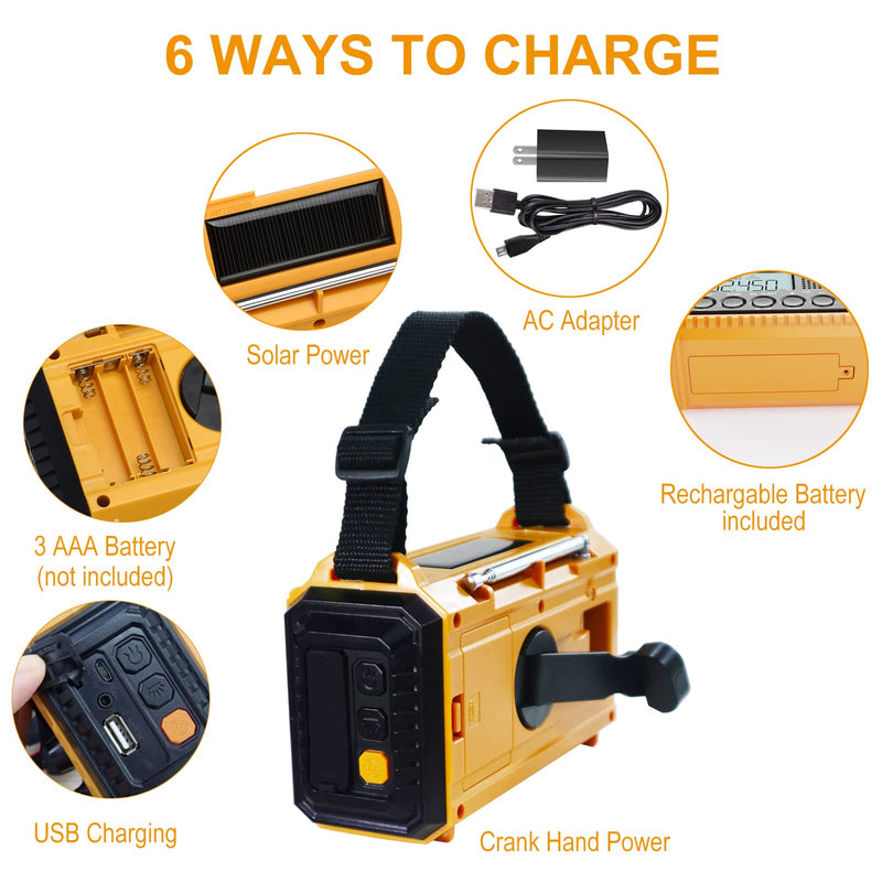 Emergency Radio Raynic 5000 Weather Radio Solar Hand Crank AM/FM/SW/NOAA Weather Alert Portable Radio with Cellphone Charger, Headphone Jack, Flashlight, Reading Lamp and SOS Alarm (Yellow) Yellow-LCD Display