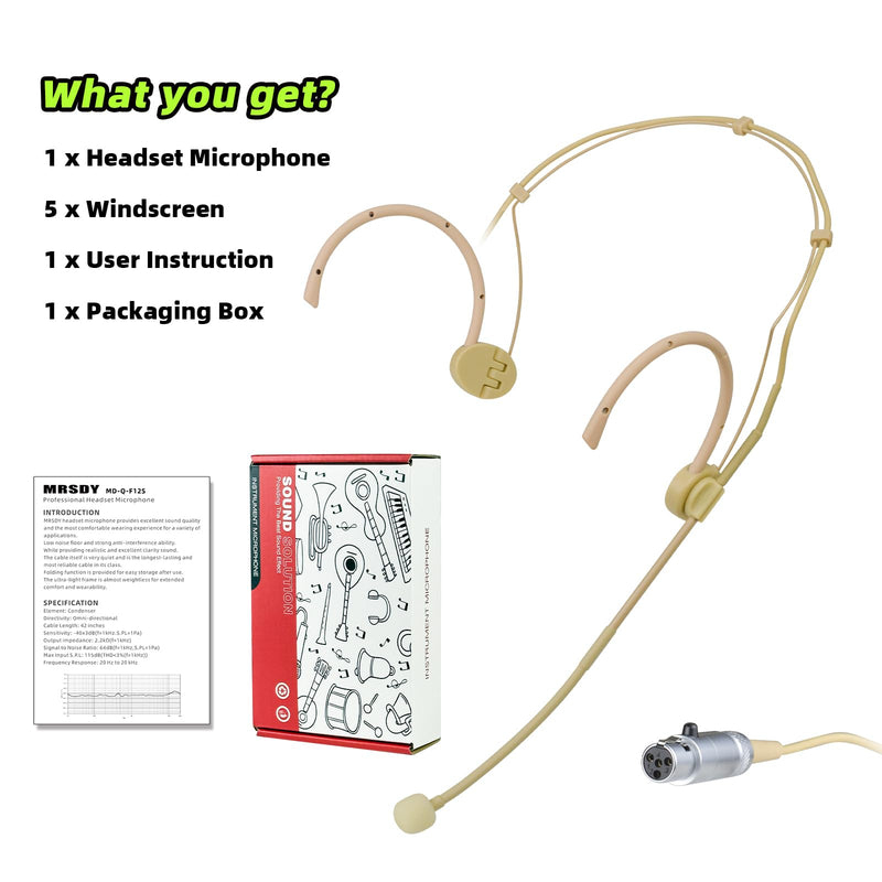 Professional Headset Microphone, Compatible with Shure Wireless System, Omnidirectional Condenser Double Over Ear Headworn Mic, 4-Pin Mini XLR, Cable Length 42 Inch (Beige) Beige