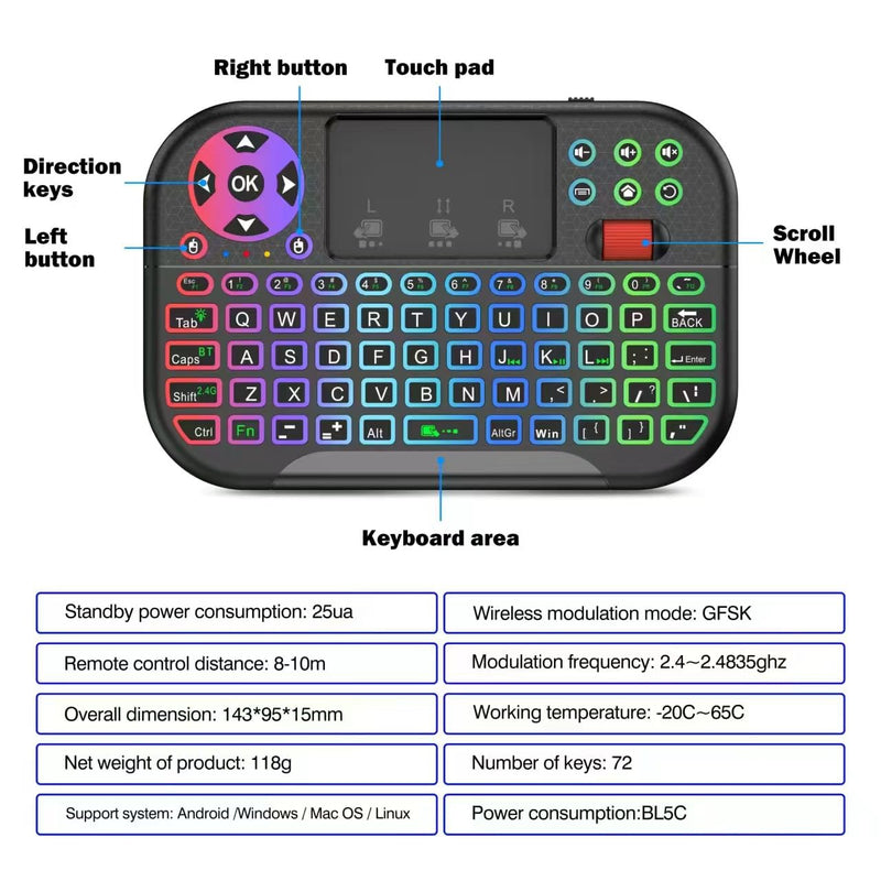 2.4G USB Dongle Mini Keyboard Mouse Combo RGB Backlit Touch Scroll Remote for Samsung LG Sony TCL Smart TV Fire Stick Roku Apple TV Windows Laptop iPad Android Box HTPC Bluetooth Supported Black