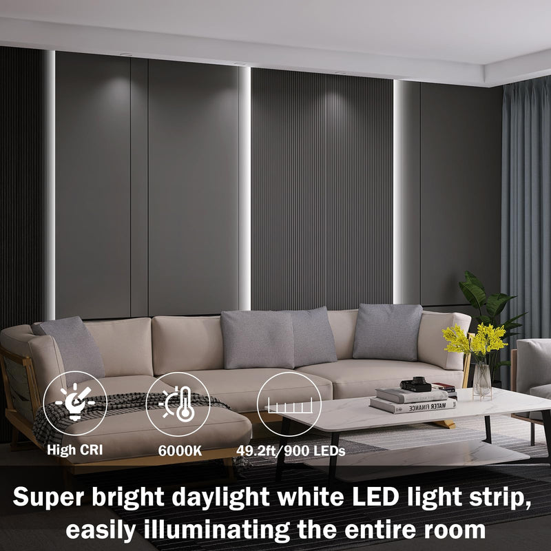 [AUSTRALIA] - 49.2ft USB LED Light Strip White with Battery Box (Batteries Not Included), Daylight LED White Strip Lights Cuttable LEDs for Bedroom, Mirror, Party, Camping, Birthday, Christmas, 8.2ft x 6 49.2ft White Light Strips 