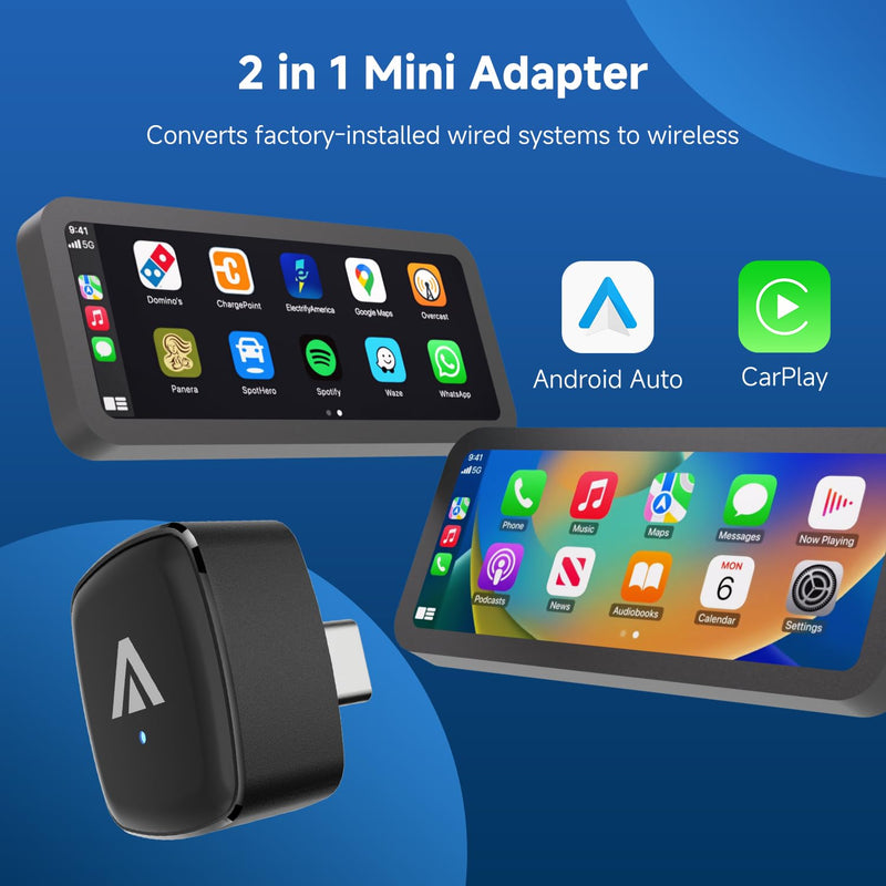D7 Mini USB C Wireless CarPlay Android Auto Adapter 2in1 Alloy Shell | Plug & Play Low Latency Car Play Dongle, Compatible with 2016+ OEM Wired CarPlay/Android Auto Car for iPhone & Android Phones USB-C