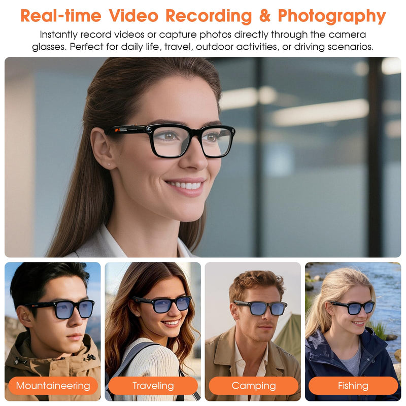 AI Smart Glasses with Camera, Interchangeable Lenses & Bluetooth Audio | 8MP Camera, 3-Lens System, AI Translation, Open-Ear Audio, Outdoor Smart Eyewear for Cycling, Travel & Sports Black-M08