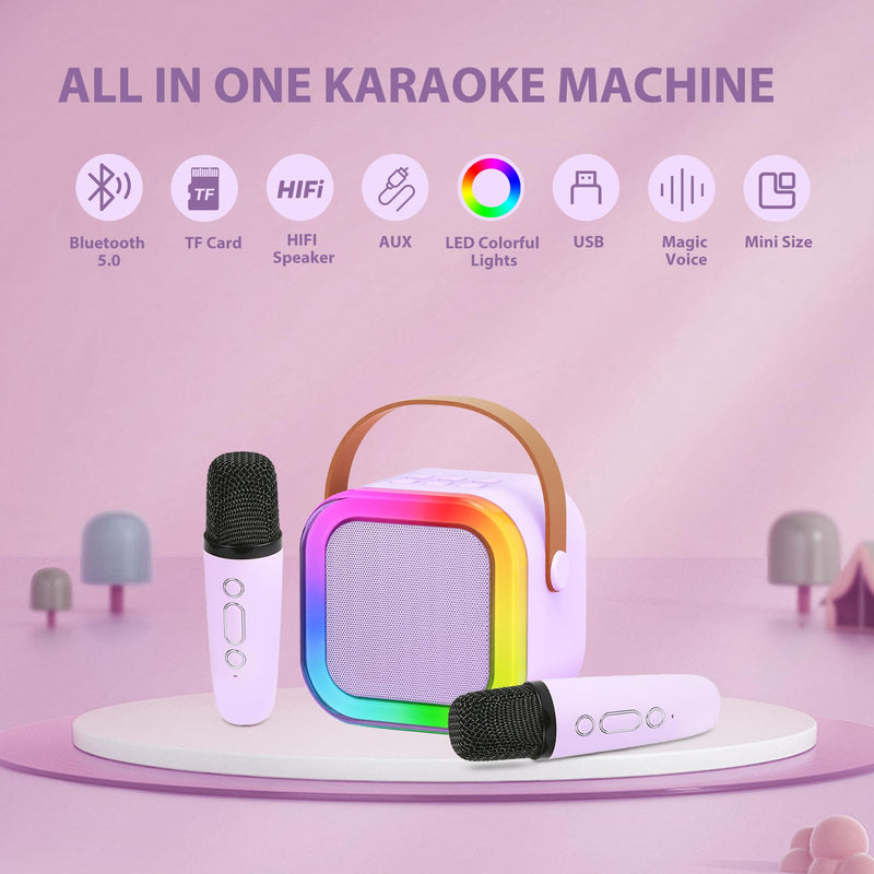 Fede Karaoke Machine for Kids Adults, Mini Karaoke Machine with 2 Wireless Microphones, Portable Bluetooth Speaker with Voice Changing Effects & LED Lights, Best Gifts Toys for Girls and Boys Purple
