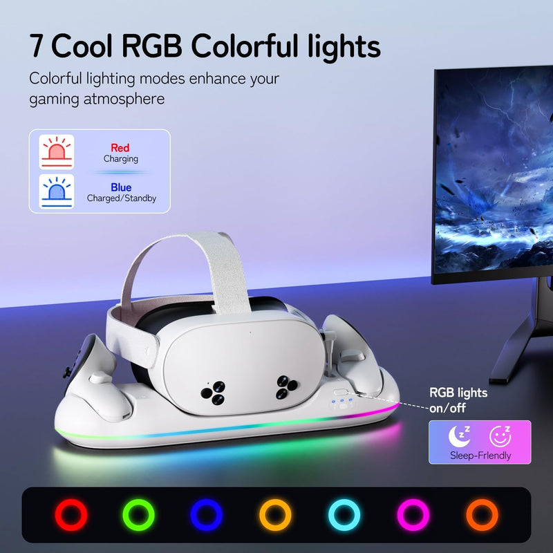 GearSpire 30W Fast Charging Dock Station for Quest 2/3/3S, White RGB LED Stand with USB-C Fast Charging, Controller Charger, VR Headset Accessories30