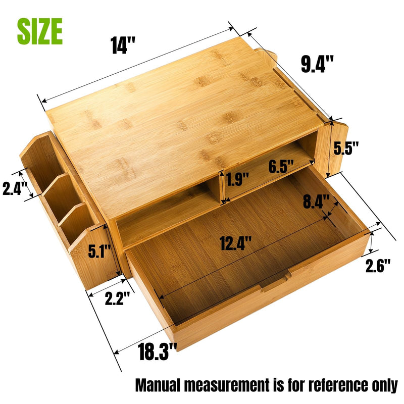 Hiceeden 2 Tier Bamboo Desktop Organizer, Desk Monitor Stand Riser with 1 Drawer and 2 Pen Holder, 2 Compartment Computer Desk Storage Organizer for Laptop, Printer