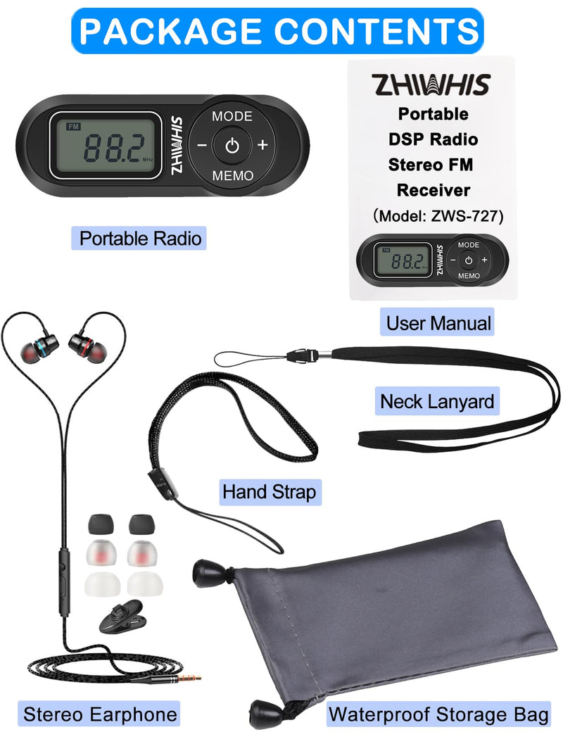 Portable Radio, ZHIWHIS FM Digital Tuner with Best Reception, Pocket Transistor Receiver with Stereo Sound, Battery Operated Walkmen with Scan and Preset Black