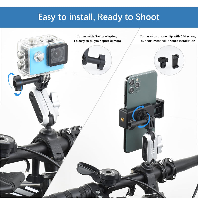 UTEBIT Camera Bike Mount Clamp with 360°Dual Ballhead Rotation,Bicycle Handlebar Clamp Mount Motorcycle Bracket Handlebar with Action Camera Mount Adapter, Compatible with GO PRO/Action Cameras/Phone