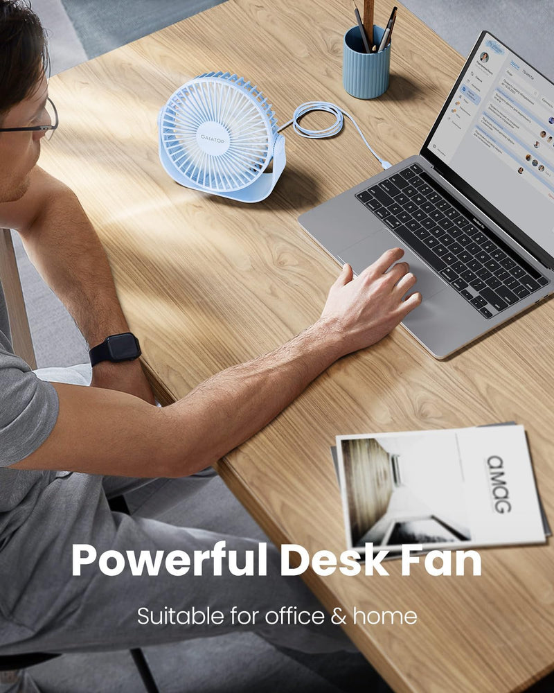 Gaiatop USB Desk Fan, 3 Speeds Portable Small Fan with Strong Airflow, 5.5 Inch Quiet Table Fan, 90° Rotate Personal Cooling Fan For Bedroom Home Office Desktop Travel (Blue) Blue