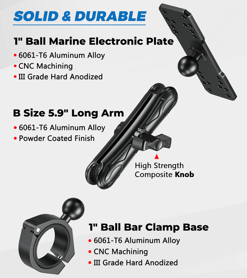 VAZESWIN 1" Ball Fish Finder Mount for 1.5"/1.65"/1.75"/1.85"/2" Round Rail | Aluminum Alloy Universal Marine Electronic Mount with 5.9" Long Arm, Rectangular Plate & Bar Clamp Base for Garmin, Lowrance