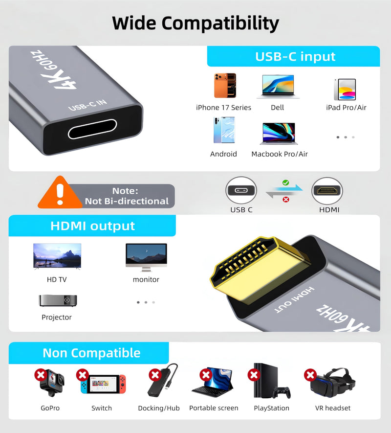 [AUSTRALIA] - USB C Female to HDMI Male Adapter with 3.3FT USB Video Cable, 4K@60Hz Uni-Directional USB Type C Source to HDMI 2.0 Display Converter Thunderbolt 3/4 to HDMI for i-/Phone 17, MacBok, Galaxy - 2 Pack HDMI-02 grey 