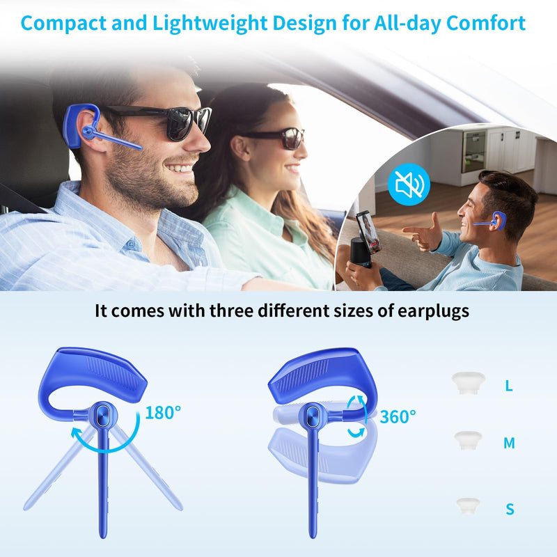 [AUSTRALIA] - Bluetooth Headset Wireless Earpiece Microphone 180H Playtime 1000mAh Wireless Charging Case Handsfree Single Ear Headset LED Display for iPhone Android Cellphones PC Computer Trucker Drivers Work Game Blue 