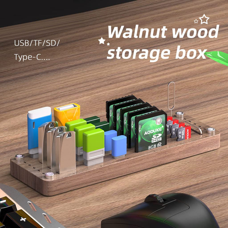 FEIFANZHE Wooden Memory TF SD Card Case Box and USB Drive Stand / SD Card Holder Desk,Micro SD Card Case,Memory Card Case, Mobile Card Taking Needle Carrying Case-01M pure walnut wood