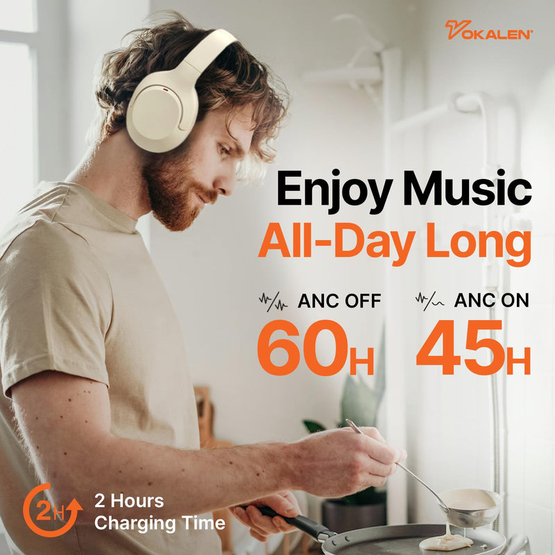 VOKALEN Hyper Pro Adaptive Active Noise Cancelling Headphones, Wireless Bluetooth Over Ear Headphones with mic, 60H Playtime, Comfort Fit Mesh Ear Cushions, Deep Bass Hi-Res Audio (Pro, Ivory White)