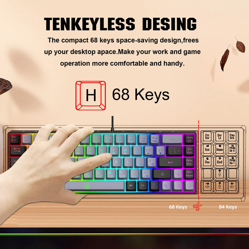 Snpurdiri 60% Gaming Keyboard,RGB Compact Mini Keyboard,Wired Computer Membrane Keyboard for Windows PC Gamers(68 Keys,Grey -Black) Grey Black