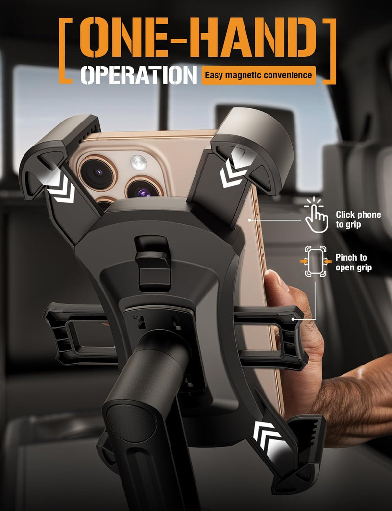 ToughTested Cup Holder Phone Mount, Heavy Duty Boom Arm, Adjustable Grip | Adjustable cell phone holder with a no-vibration boom arm, 360° rotation, quick-release button, and case-friendly design