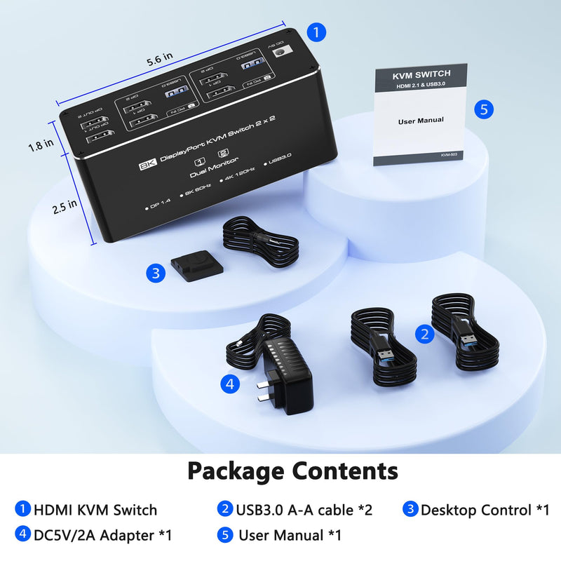 KVM Switch 2 Monitors 2 Computers, 8K@60Hz KVM Switch DisplayPort Extended Display, 4K@120Hz, KVM Switches for 2 Computers Sharing 2 Monitor, 4 USB 3.0 Devices Such as Keyboard, Printer, Scanner,Mouse Dual DP 2 Monitor
