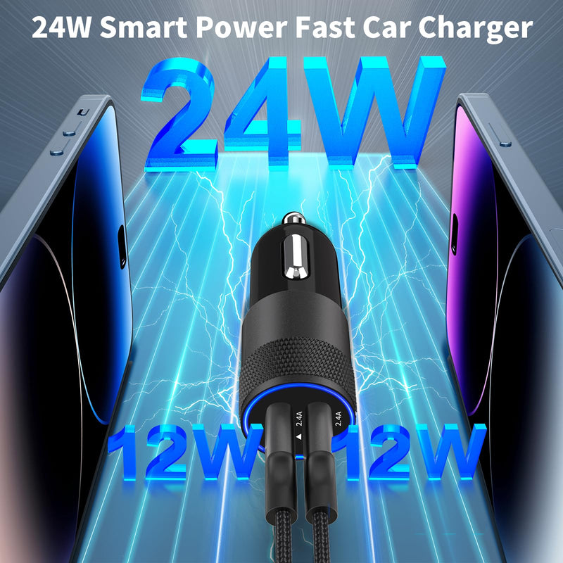 【MFi Certified】iPhone Fast Car Charger, Rombica 4.8A Dual USB Smart Power Cigarette Lighter USB Car Charger + 2Pack Lightning to USB Braided Cable for iPhone 14 13 12 11 Pro/XS Max/Mini/XR/SE/X/8/iPad Carbon Fiber Black