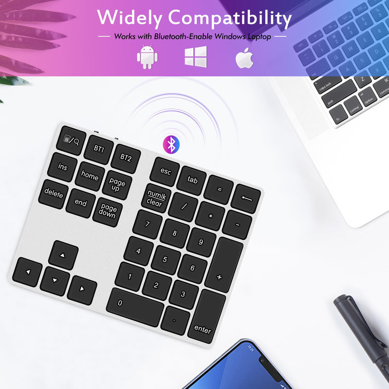 [AUSTRALIA] - Foloda Bluetooth Number Pad for Laptop Wireless Number Keypad for Laptop, Rechargeable 10 Key USB Numeric Keypad Numpad for Laptop PC Notebook Silver Grey 
